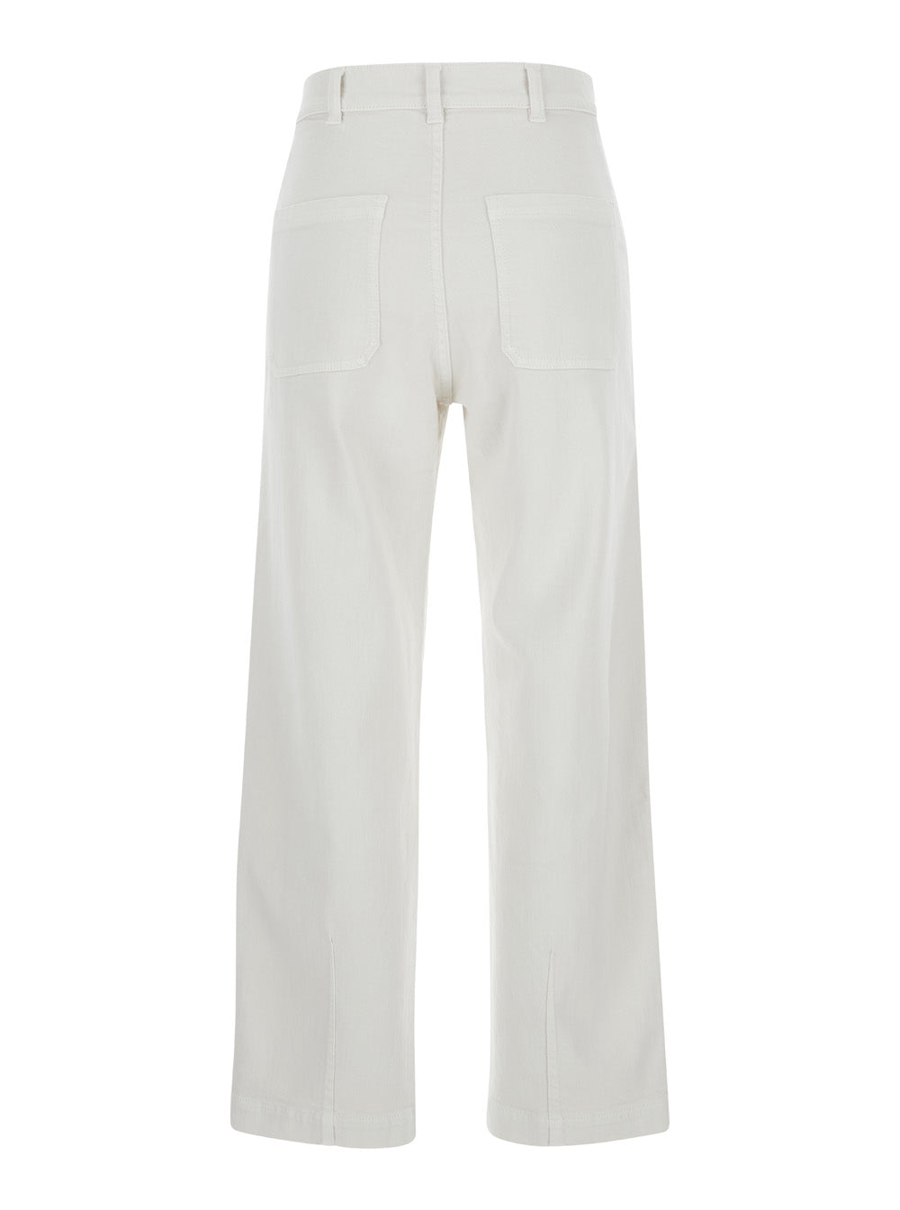 White Pants With High Waist And Belt Loops Pences Details Cotton Stretch Woman Trousers