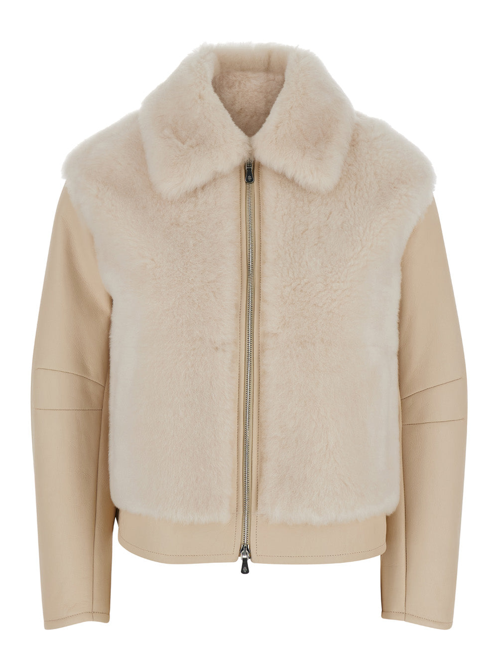 Beige Shearling Jacket With Zip Closure Leather Woman Lamb And Furs