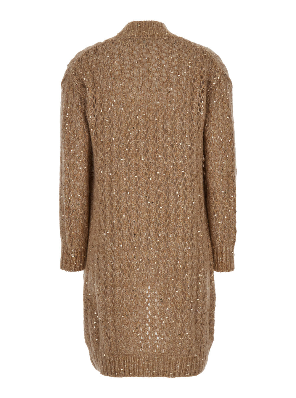 Long Beige Cardigan With All-Over Sequins Cotton And Mohair Woman Jersey