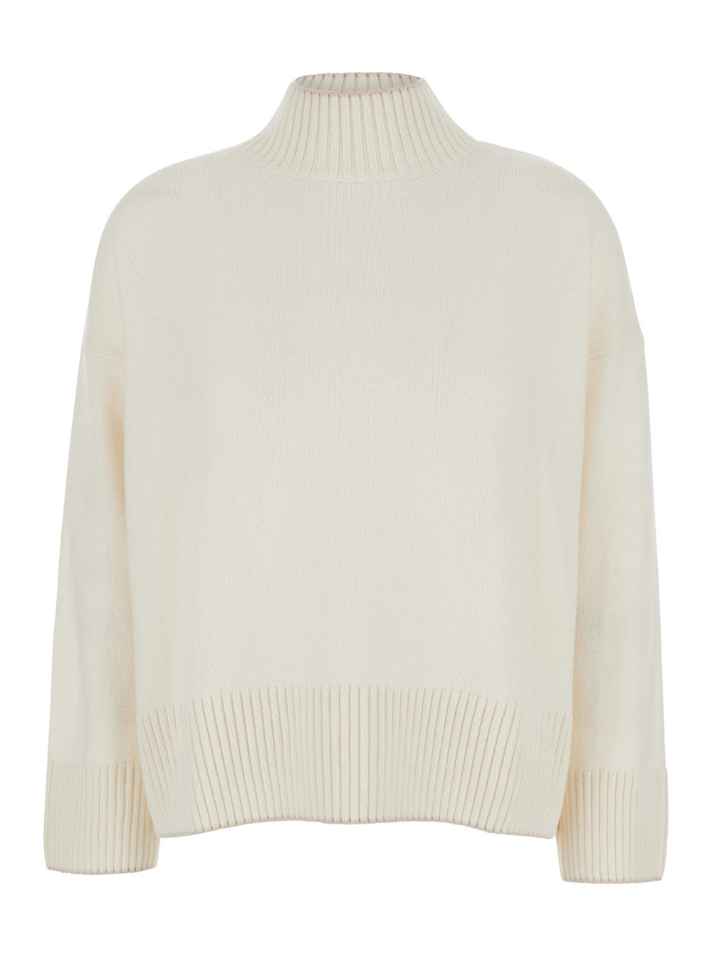 White Sweater With High Neck And Dropped Shoulders Cashmere Woman Jersey