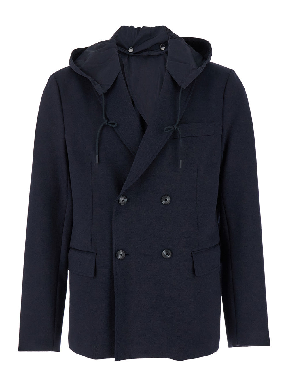 Blue Double-Breasted Jacket With Detachable Hood Wool Blend Man Blu Polyester Elastane Blazers