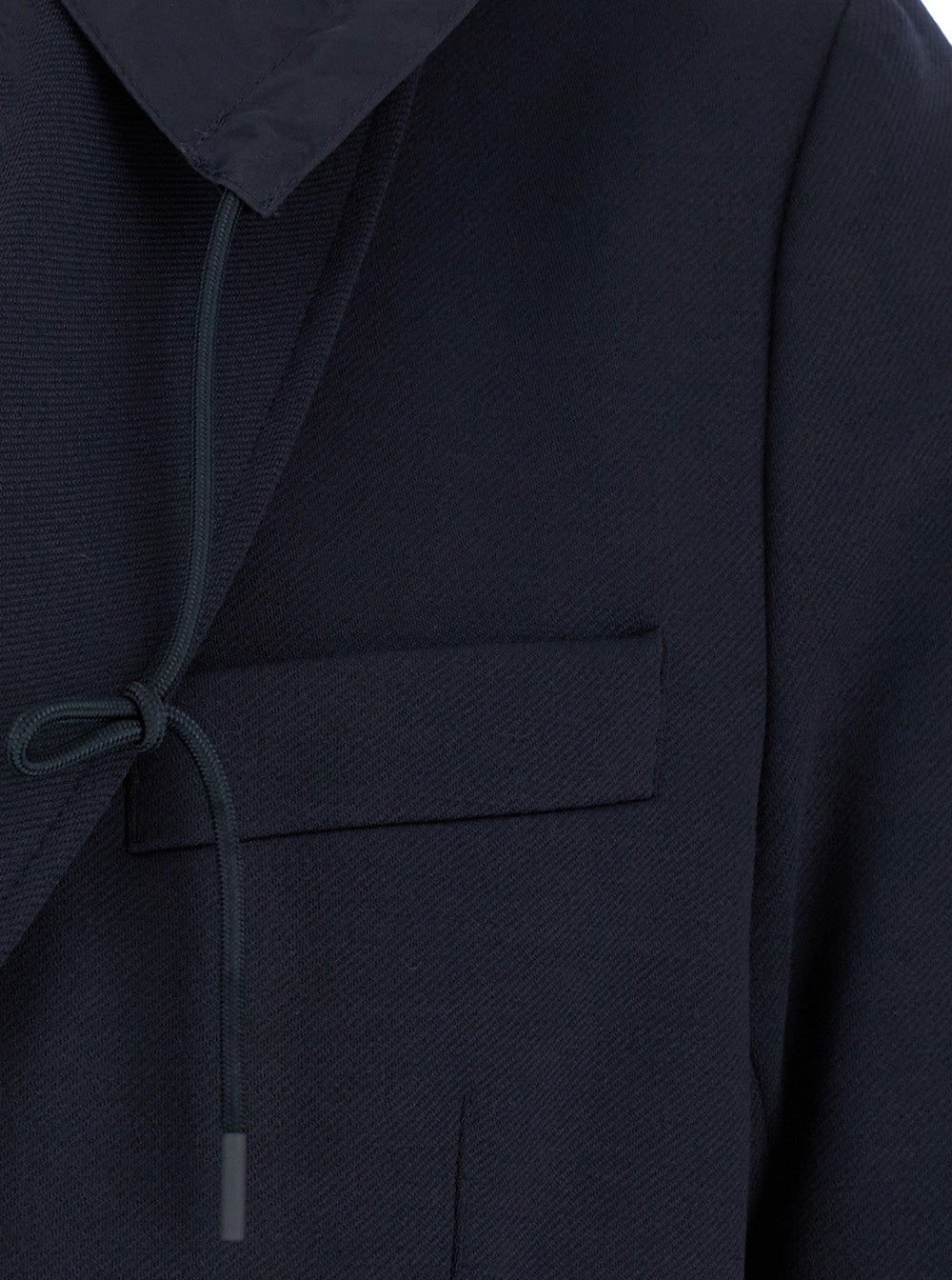 Blue Double-Breasted Jacket With Detachable Hood Wool Blend Man Blu Polyester Elastane Blazers