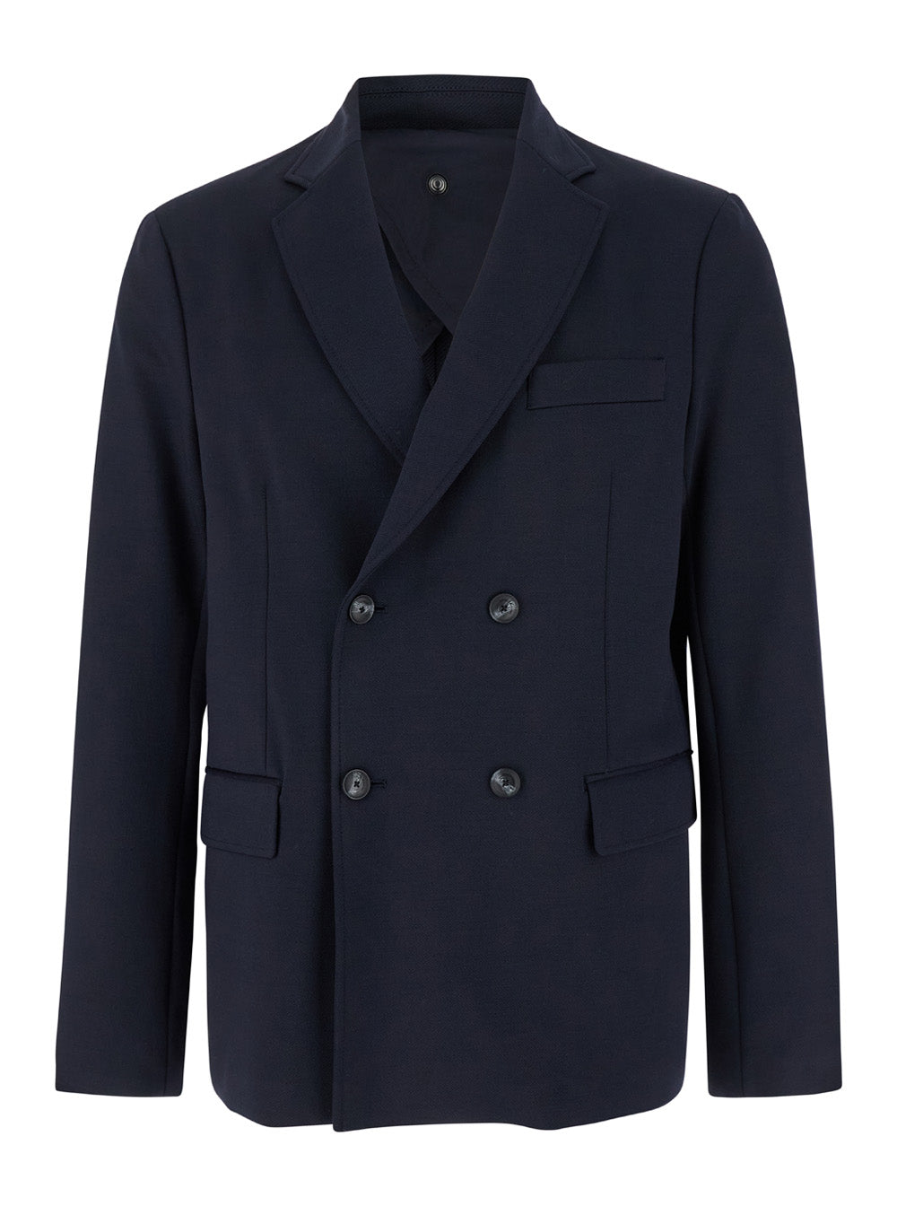 Blue Double-Breasted Jacket With Detachable Hood Wool Blend Man Blu Polyester Elastane Blazers
