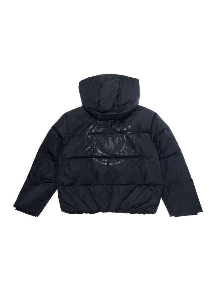 Blue Hooded Down Jacket With Logo Tech Fabric Boy Blu Polyamide