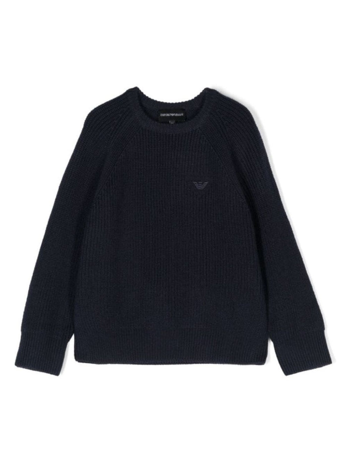 Black Sweater With Logo Embroidery Ribbed Wool Blend Boy Blu Jersey