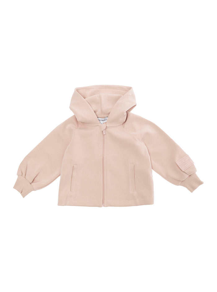 Pink Jacket With Hood And Logo Patch On The Sleeve Tech Fabric Stretch Girl