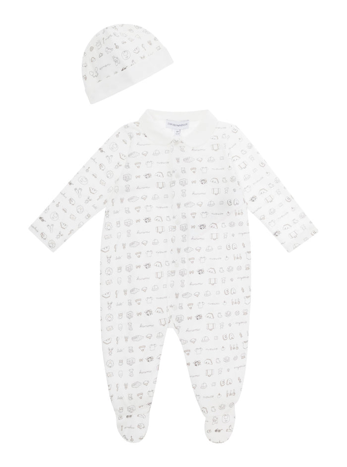 White Pijamas With Peter Pan Collar And All-Over Print Matching Beanie Cotton Baby Suits
