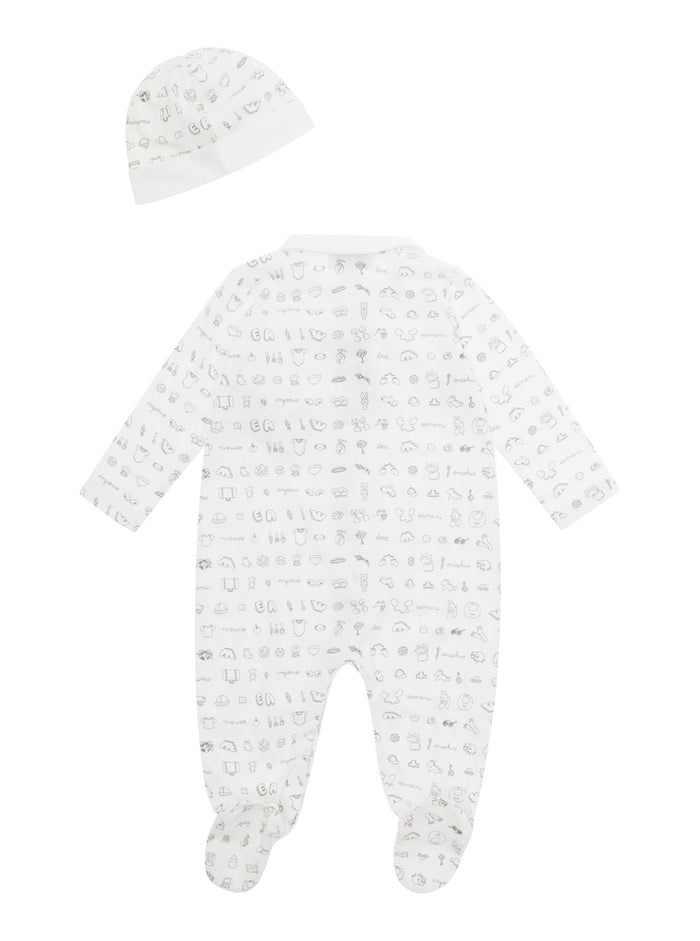 White Pijamas With Peter Pan Collar And All-Over Print Matching Beanie Cotton Baby Suits