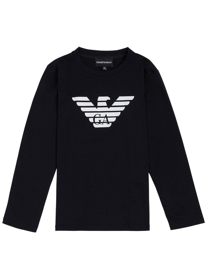 Long-Sleeved Blue Cotton T-Shirt With Logo Print Black Tshirts And Polo Shirts