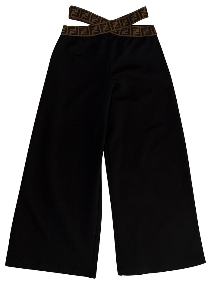Black Pants With Ff Motif And Cut-Out Cotton Girl Trousers