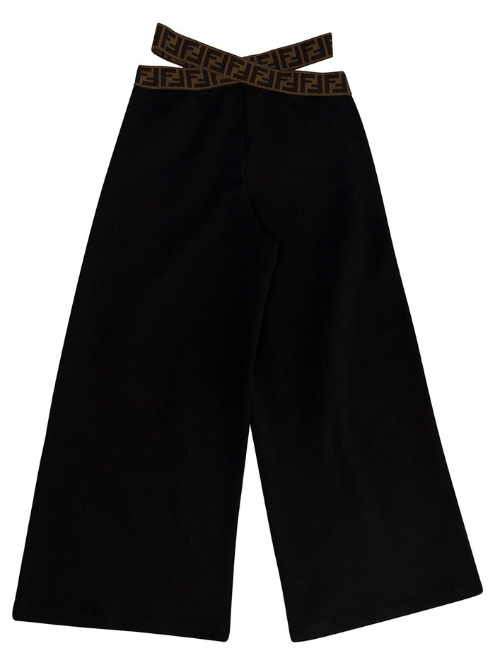 Black Pants With Ff Motif And Cut-Out Cotton Girl Trousers