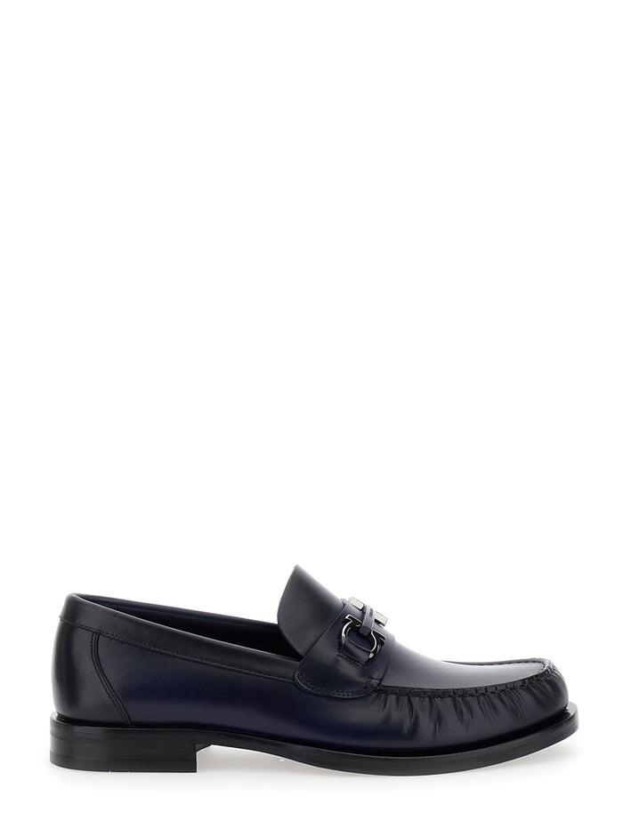Fort Blue Slip-On Loafers With Gancini Detail Brushed Leather Man Blu Calf