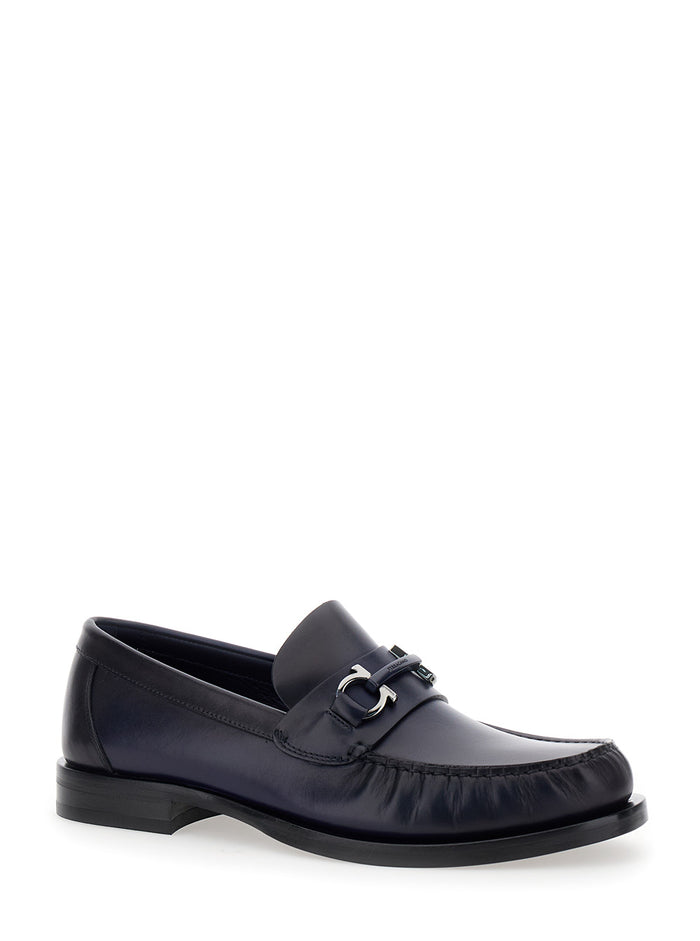 Fort Blue Slip-On Loafers With Gancini Detail Brushed Leather Man Blu Calf