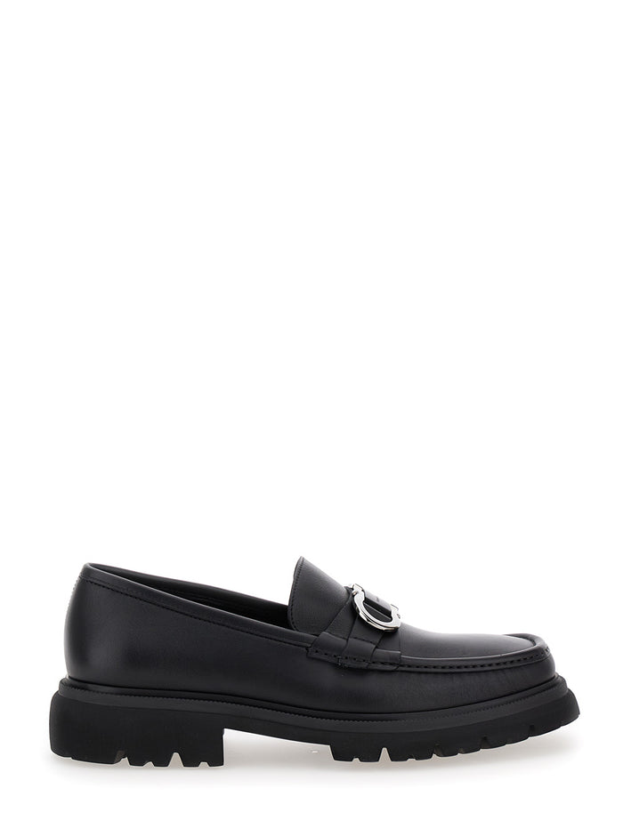 Black Loafers With Platform And Gancini Detail Leather Man Calf