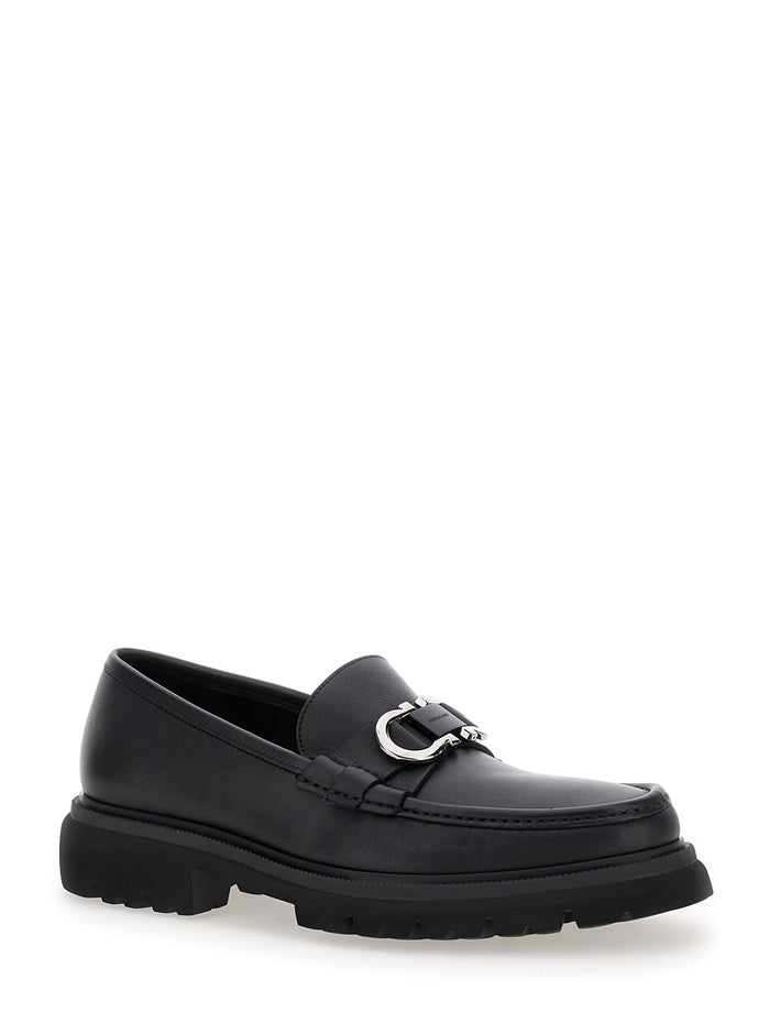Black Loafers With Platform And Gancini Detail Leather Man Calf