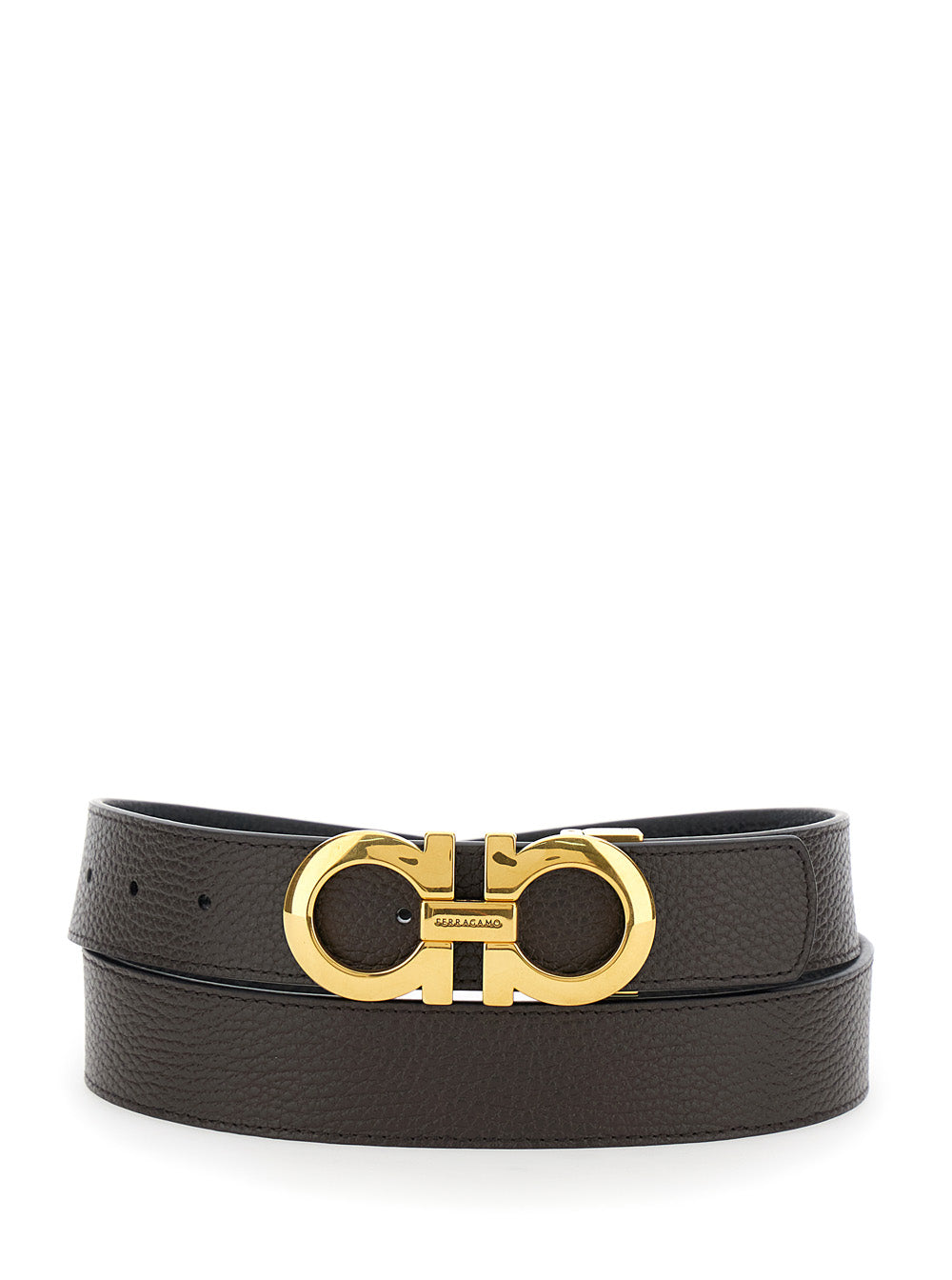 Brown And Black Reversible Belt With Gancini Buckle Hammered Leather Man