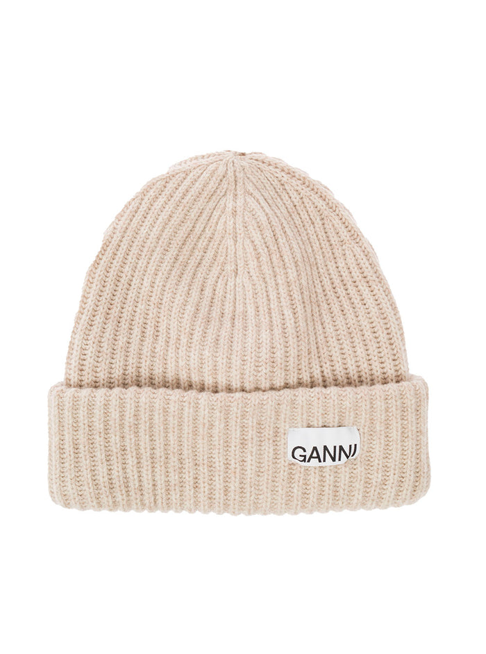 Beige Fisherman Rib Beanie With Logo Patch Wool Blend Woman Hats And Gloves