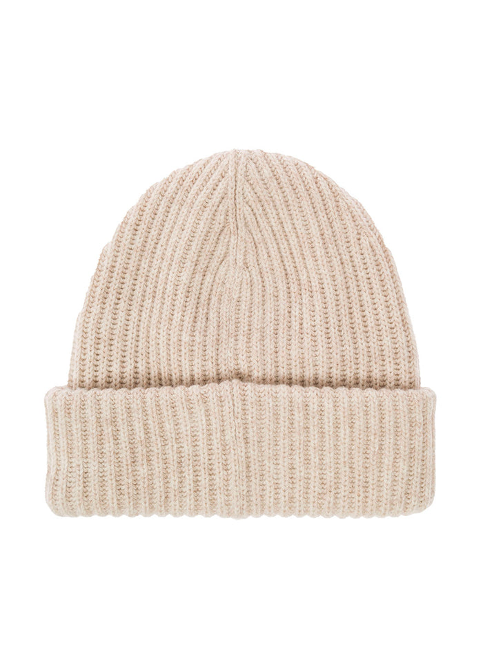 Beige Fisherman Rib Beanie With Logo Patch Wool Blend Woman Hats And Gloves