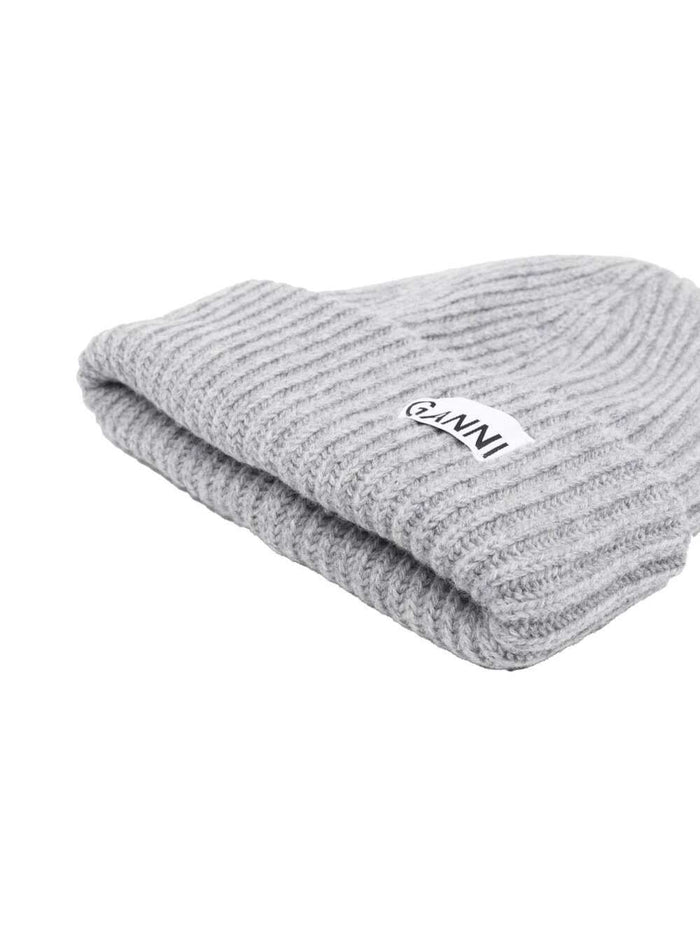 Grey Fisherman Rib Beanie With Logo Patch Wool Blend Woman Hats And Gloves