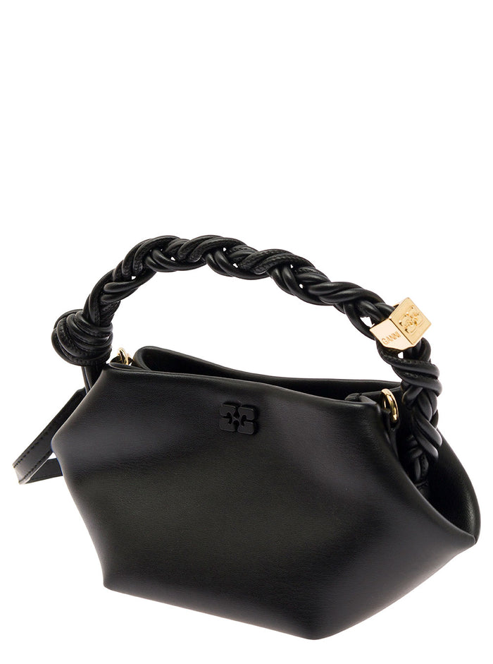 Ganni Bou Mini Black Handbag With Butterfly Logo And Hand-Braided Strands Leather Woman Hand Bags
