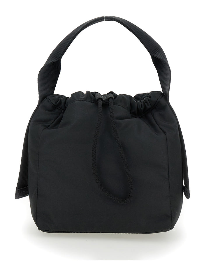 Black Handbag With Drawstring Fabric Woman Recycled Polyester Hand Bags