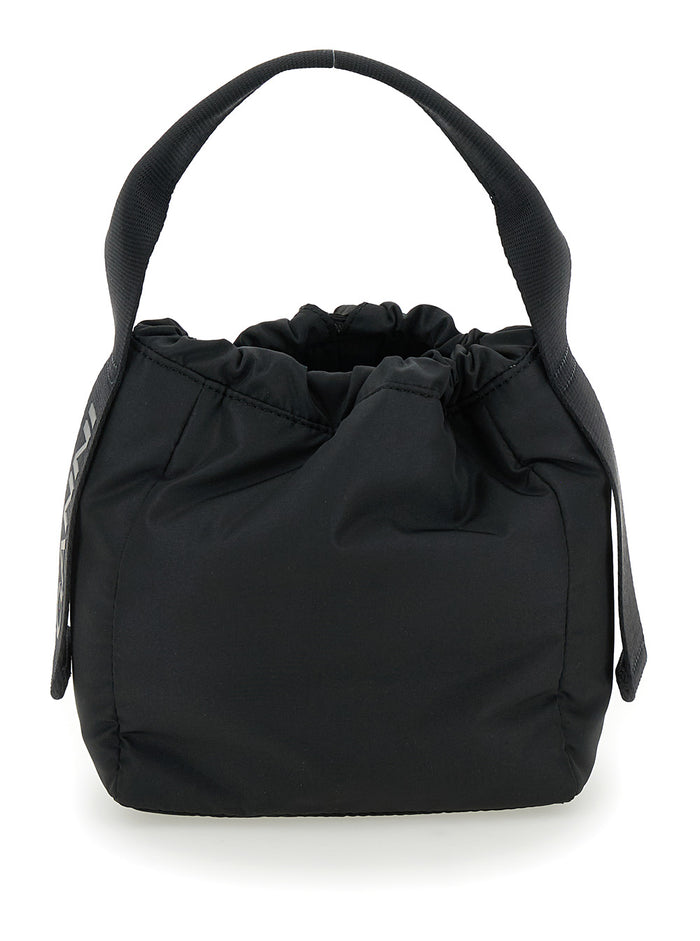 Black Handbag With Drawstring Fabric Woman Recycled Polyester Hand Bags