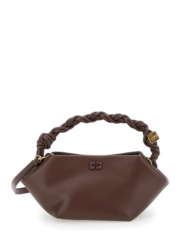 Mini Ganni Bou Brown Handbag With Butterfly Logo And Hand-Braided Strands Leather Woman Hand Bags