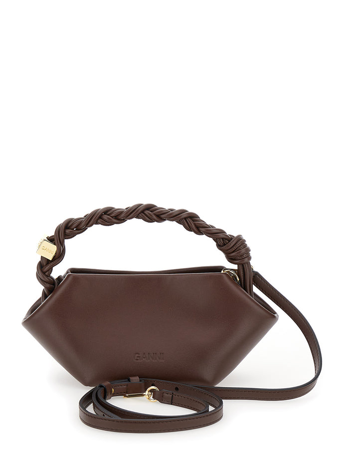 Mini Ganni Bou Brown Handbag With Butterfly Logo And Hand-Braided Strands Leather Woman Hand Bags