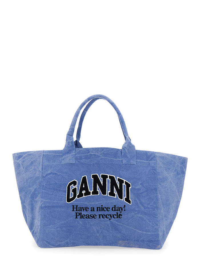 Shopper Xxl Light Blue Tote Bag With Logo Lettering Embroidery Cotton Woman Blu