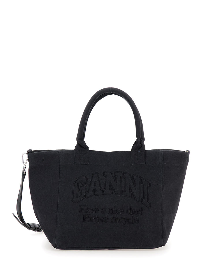 Black Tote Bag With Tonal Logo Lettering Embroidery Cotton Woman Recycled