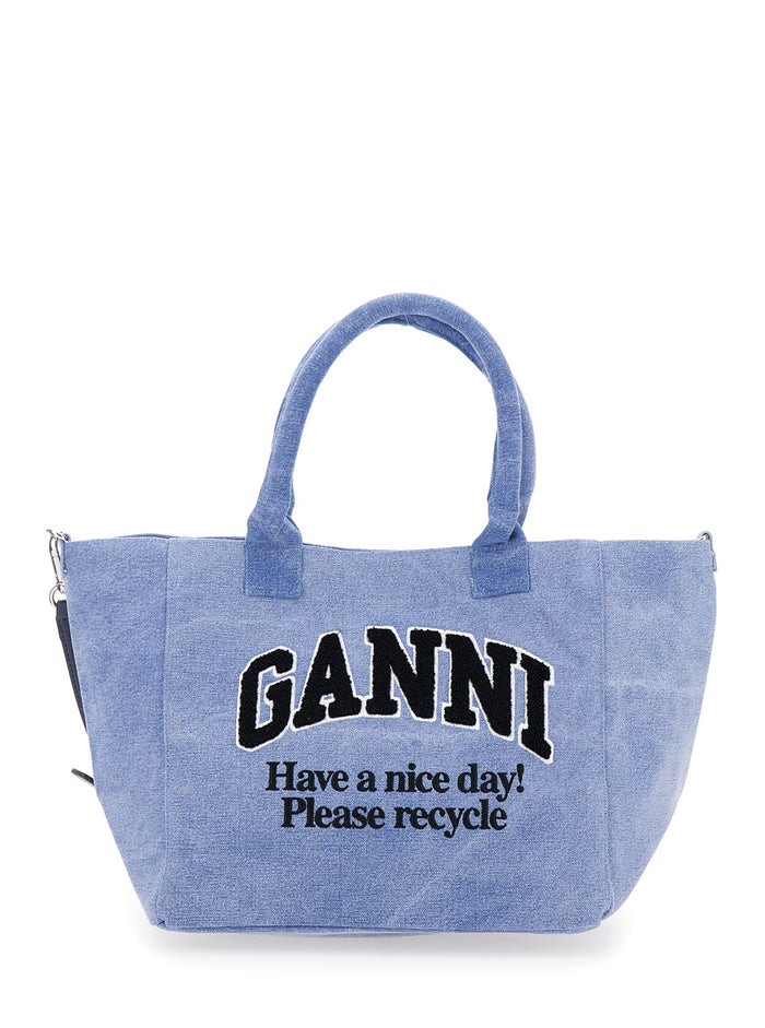 Light Blue Tote Bag With Logo Lettering Embroidery Cotton Woman