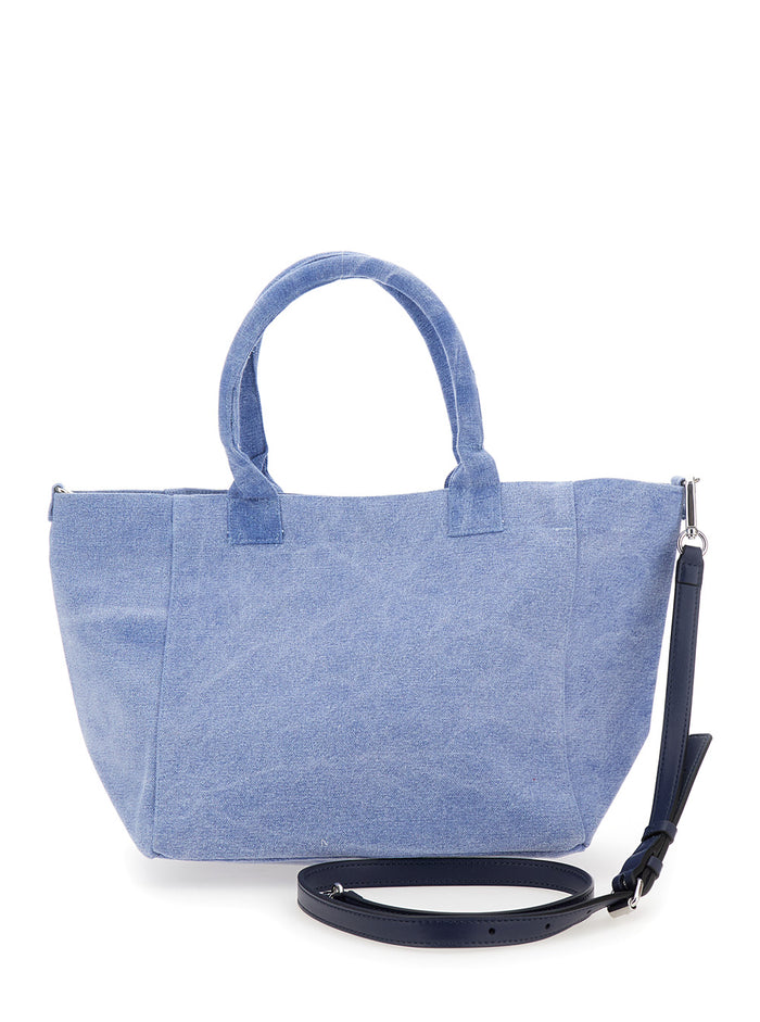 Light Blue Tote Bag With Logo Lettering Embroidery Cotton Woman