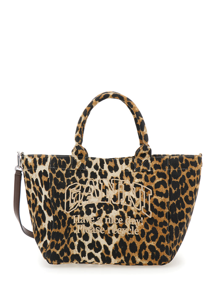 Brown Tote Bag With Logo Lettering Embroidery And Leopard Print Cotton Woman