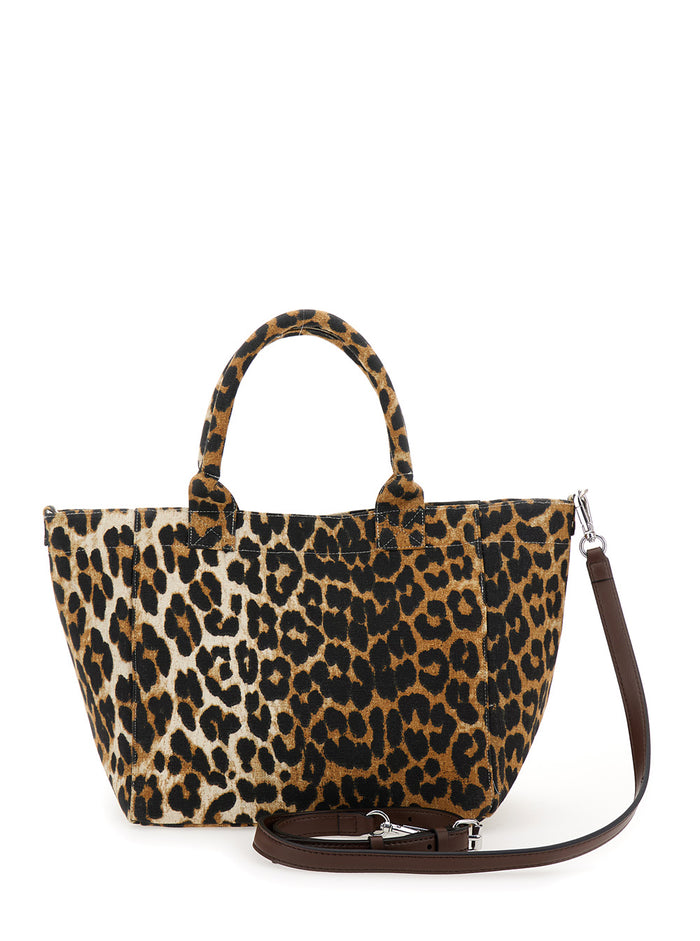 Brown Tote Bag With Logo Lettering Embroidery And Leopard Print Cotton Woman