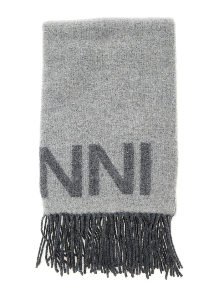 Grey Scarf With Logo And Fringes Wool Woman Scarfs Foulards