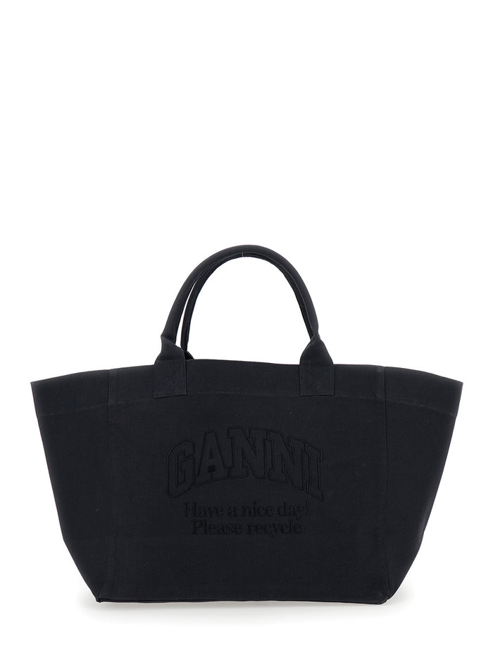 Shopper Xxl Blacktote Bag With Logo Lettering Embroidery Cotton Woman Black Tote