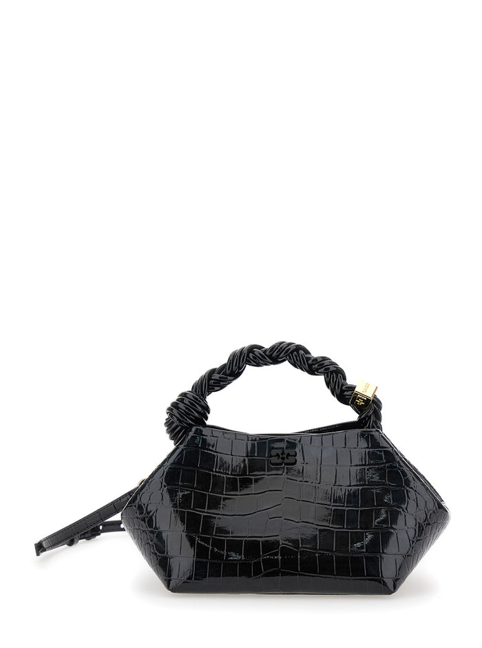 Ganni Bou Black Handbag With Butterfly Logo And Hand-Braided Strands Leather Woman Hand Bags