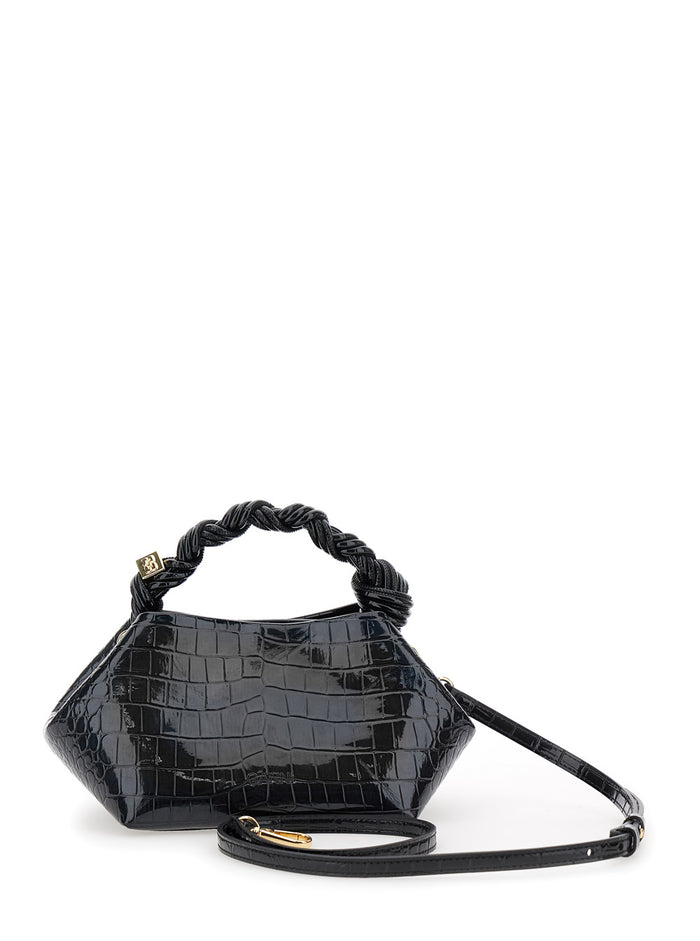 Ganni Bou Black Handbag With Butterfly Logo And Hand-Braided Strands Leather Woman Hand Bags