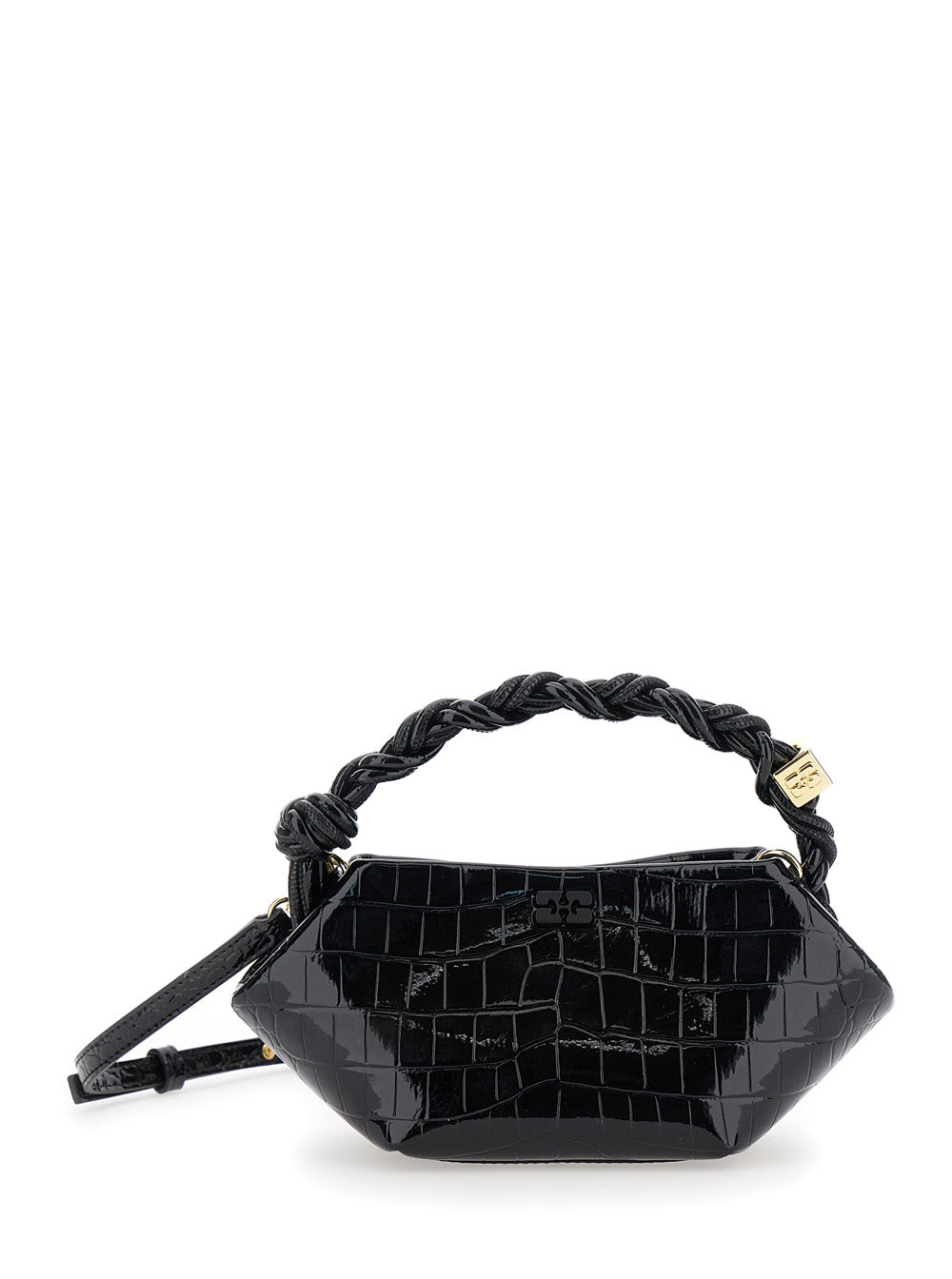 Ganni Bou Black Handbag With Butterfly Logo And Hand-Braided Strands Leather Woman Hand Bags