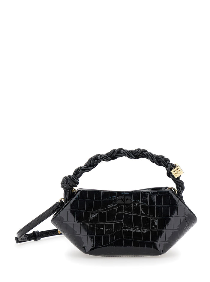 Ganni Bou Black Handbag With Butterfly Logo And Hand-Braided Strands Leather Woman Hand Bags