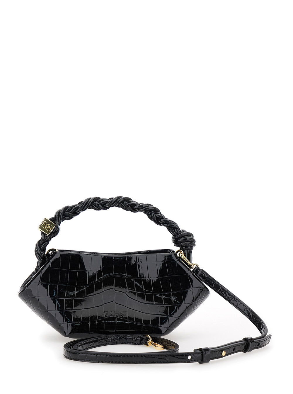 Ganni Bou Black Handbag With Butterfly Logo And Hand-Braided Strands Leather Woman Hand Bags