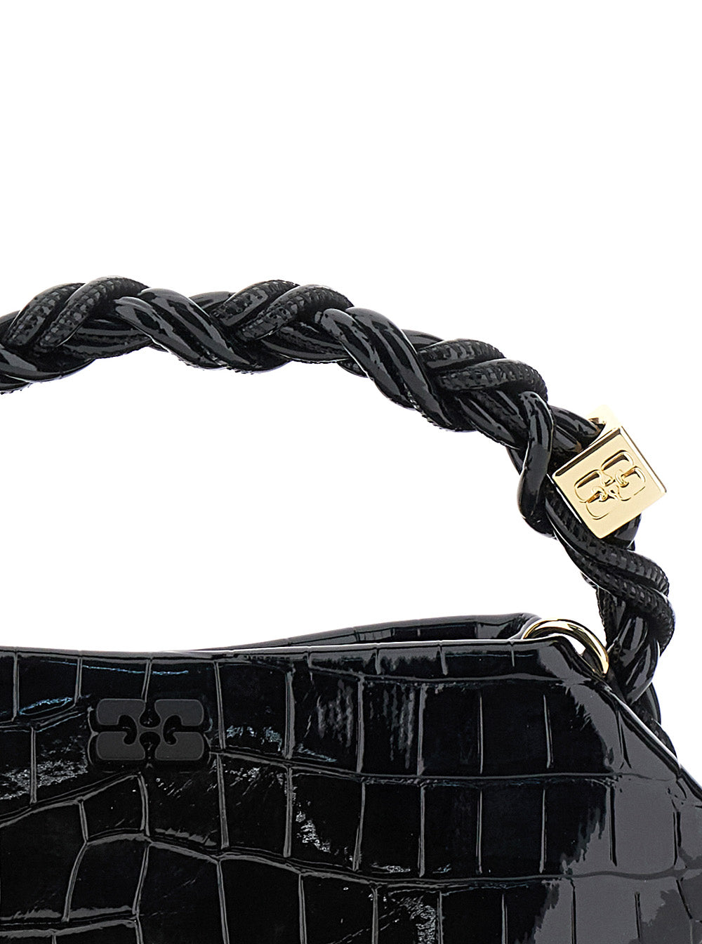 Ganni Bou Black Handbag With Butterfly Logo And Hand-Braided Strands Leather Woman Hand Bags