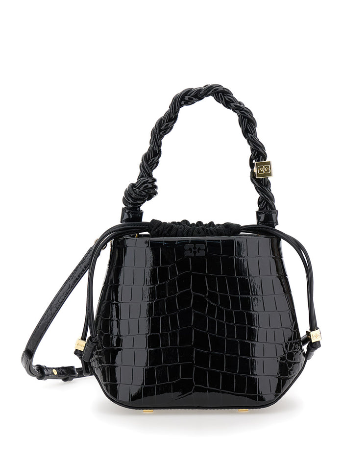 Bou Black Handbag With Braided Handle Leather Woman Hand Bags