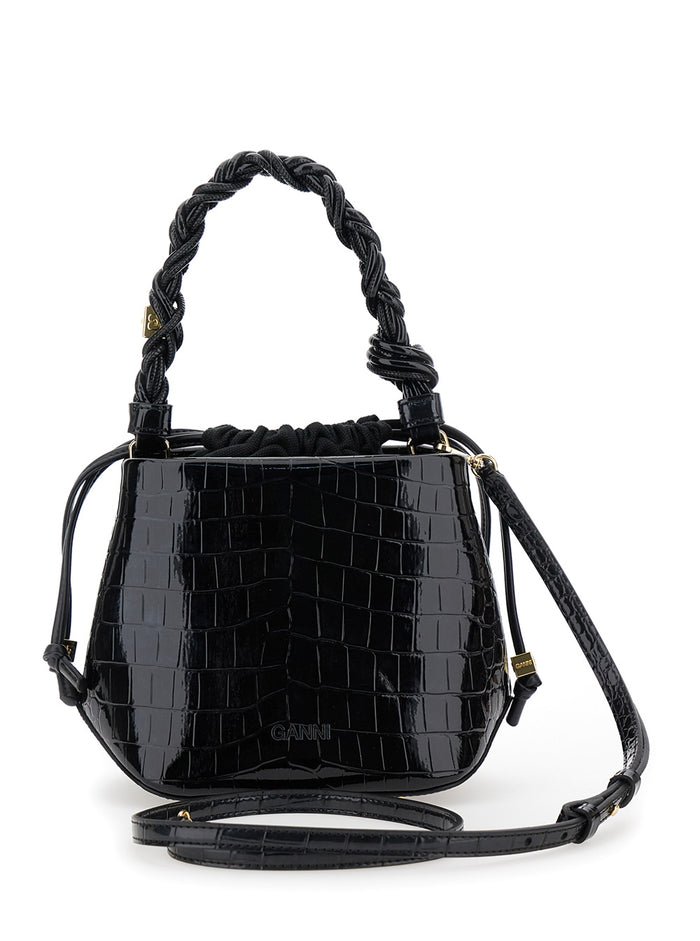 Bou Black Handbag With Braided Handle Leather Woman Hand Bags