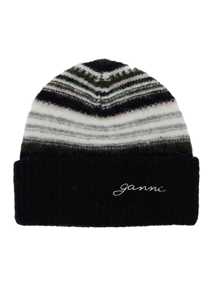 Black Beanie With Logo Lettering And Striped Motif Wool Blend Stretch Woman Hats Gloves
