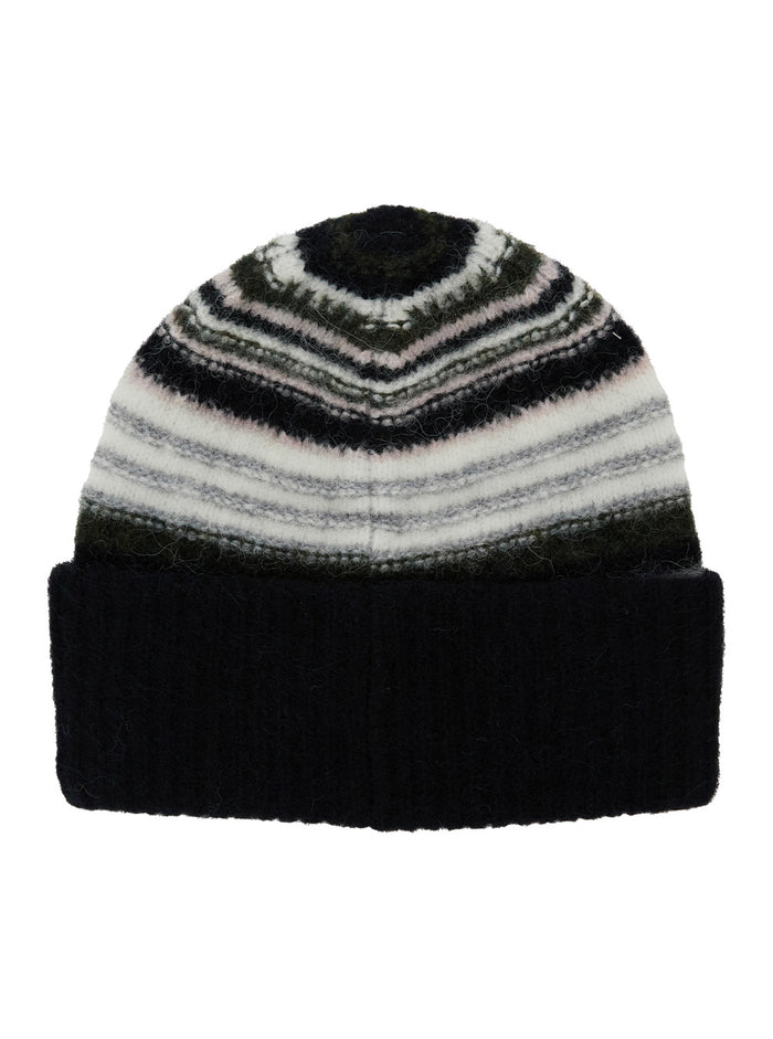 Black Beanie With Logo Lettering And Striped Motif Wool Blend Stretch Woman Hats Gloves