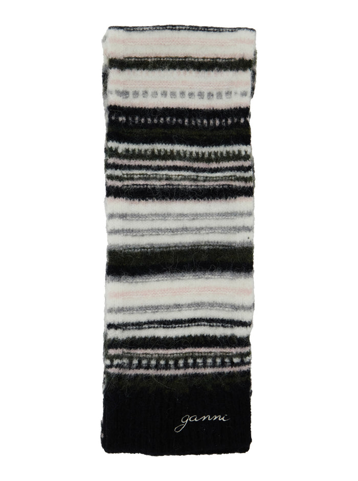 Black Rectangular Scarf With Logo Lettering And Striped Motif Wool Blend Stretch Woman Scarfs Foulards
