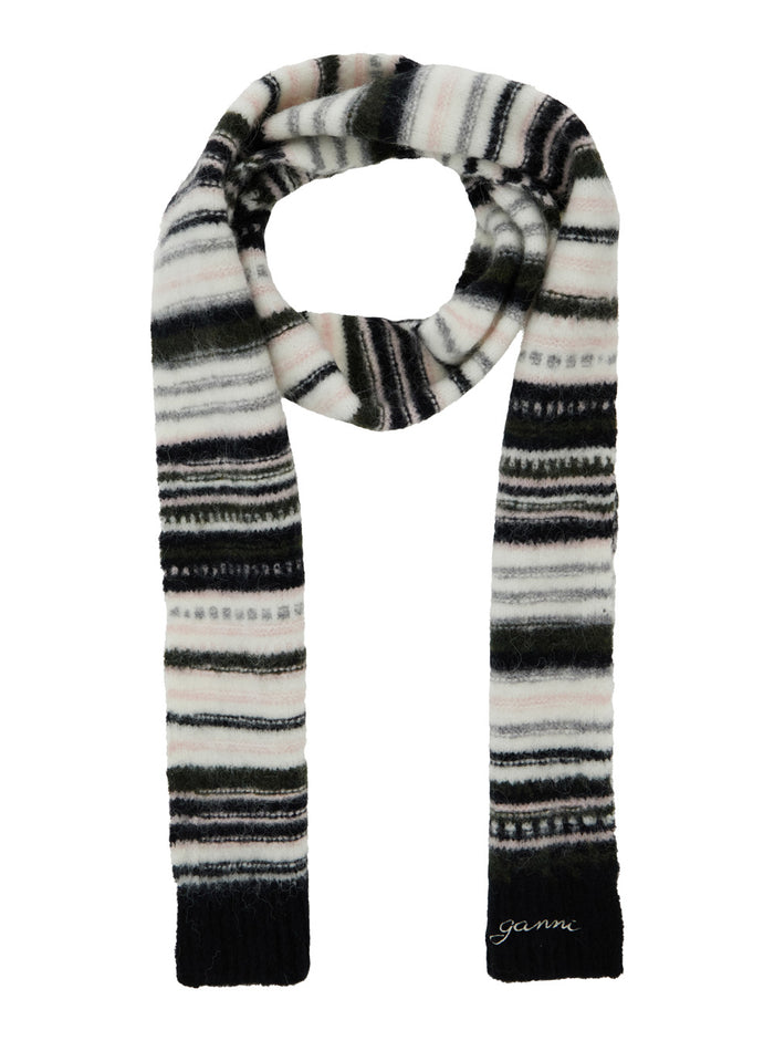 Black Rectangular Scarf With Logo Lettering And Striped Motif Wool Blend Stretch Woman Scarfs Foulards