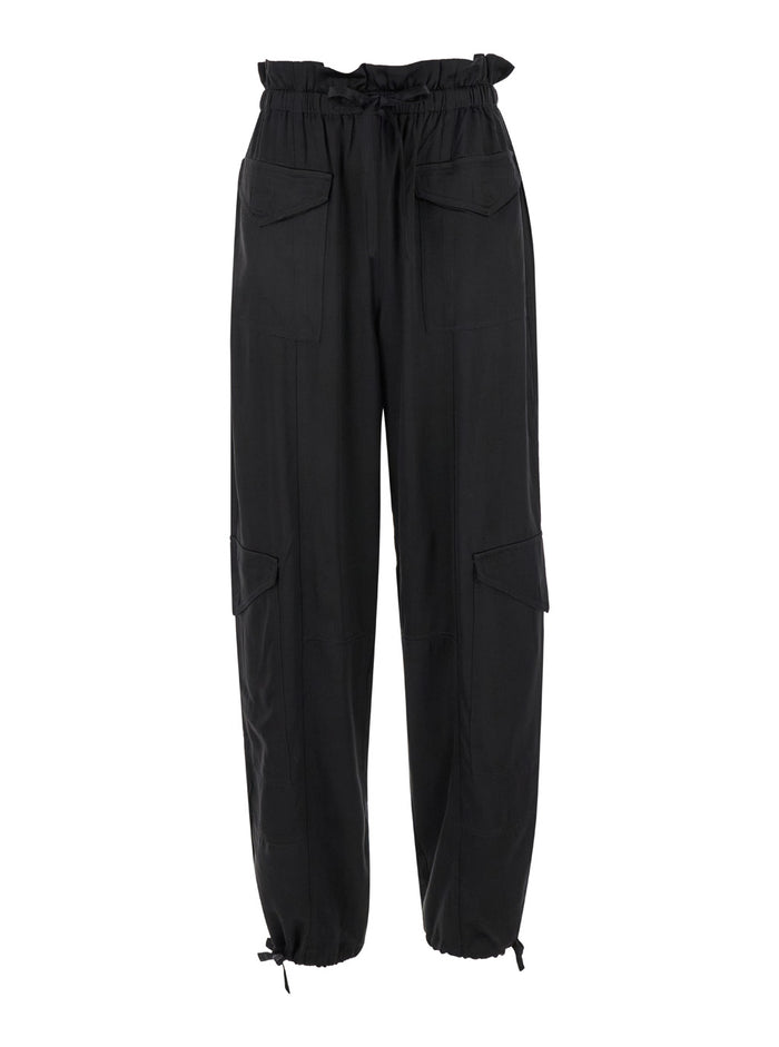 Black Cargo Pants With Drawstring Satin Woman Viscose Cupro Trousers