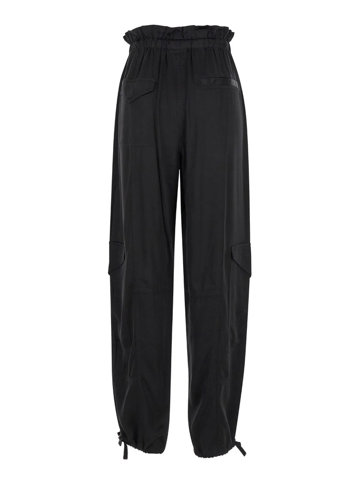 Black Cargo Pants With Drawstring Satin Woman Viscose Cupro Trousers
